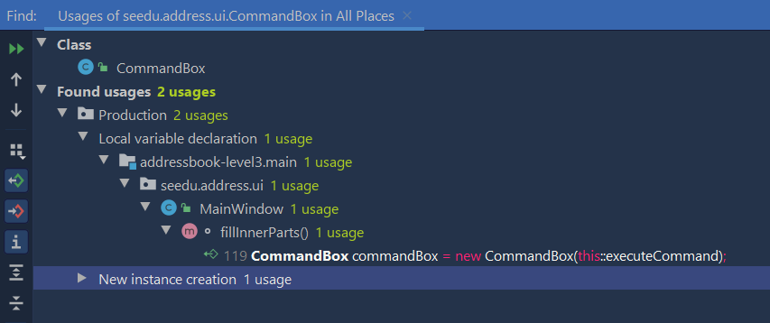 `Find Usages` tool window. `Edit` > `Find` > `Find Usages`.